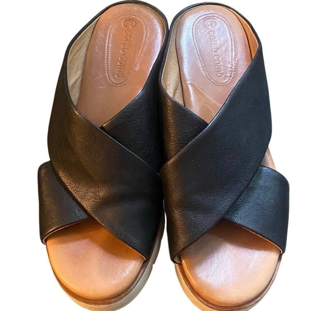Corso Como Women’s Crisscross Leather Slide Sandals,7.5, Black, Wedge Heel